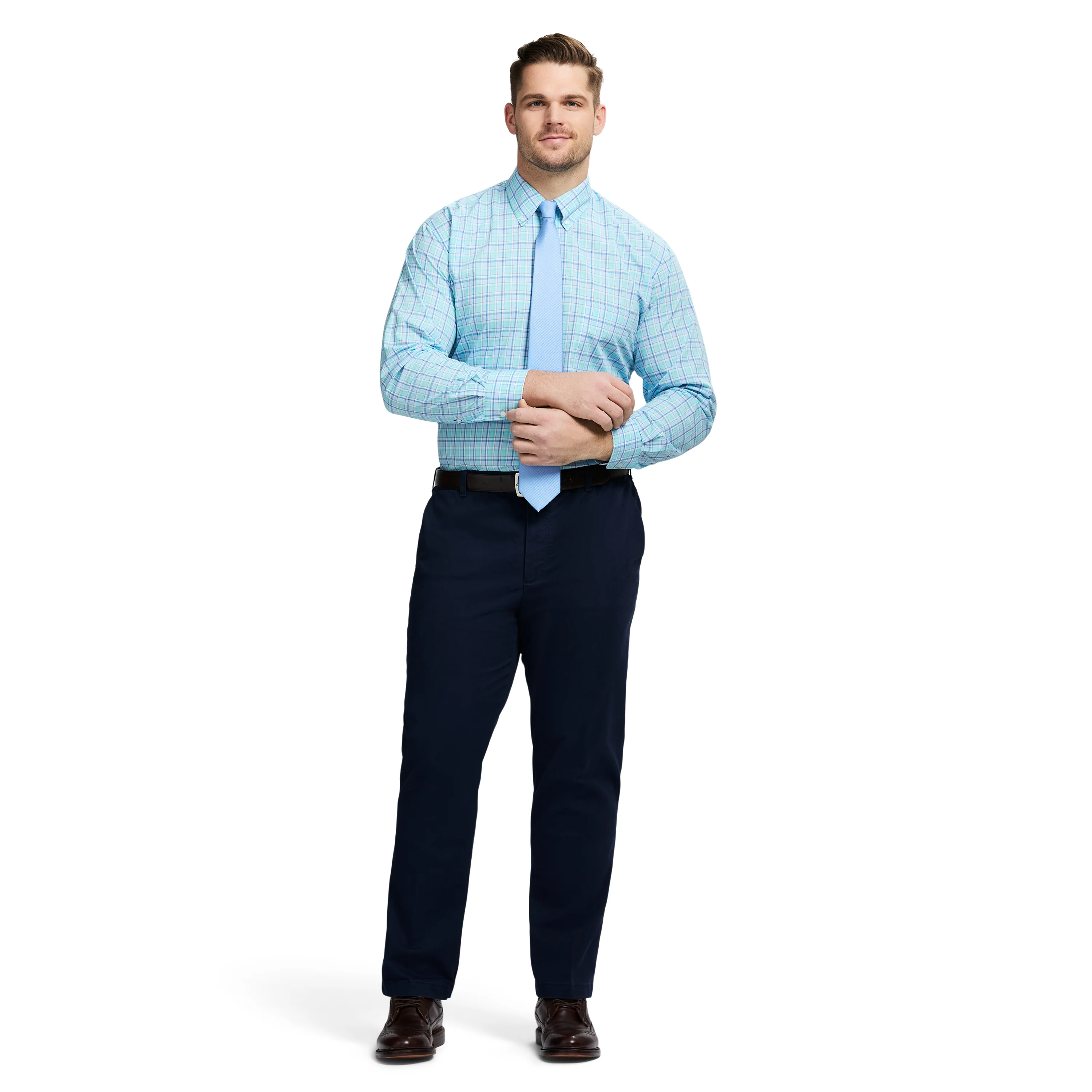 BIG & TALL ALL-OVER STRETCH L/S PLAID BUTTON-DOWN DRESS SHIRT - LIMPET SHELL - Image 4