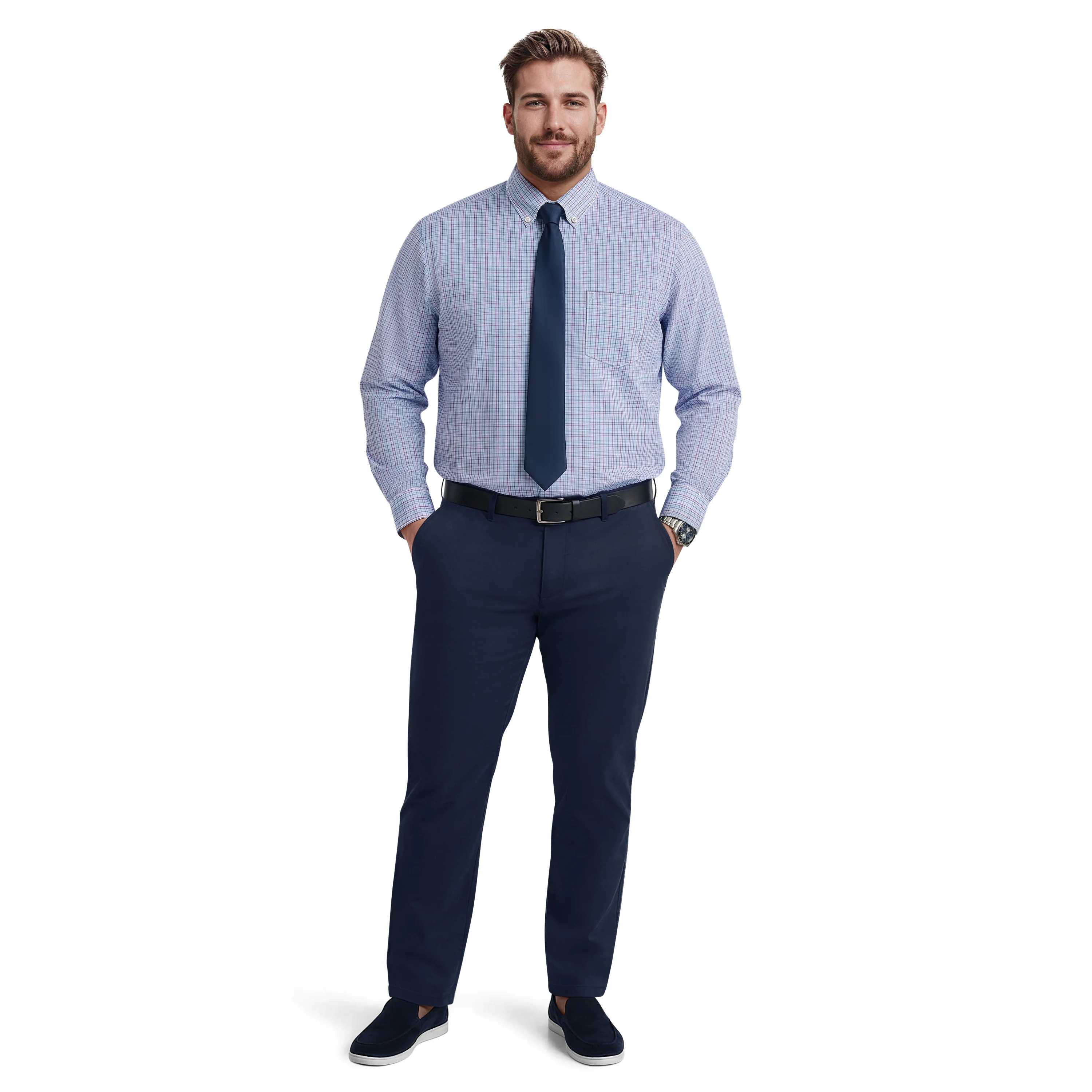 BIG & TALL ALL-OVER STRETCH L/S PLAID BUTTON-DOWN DRESS SHIRT - ULTRAMARINE - Image 3