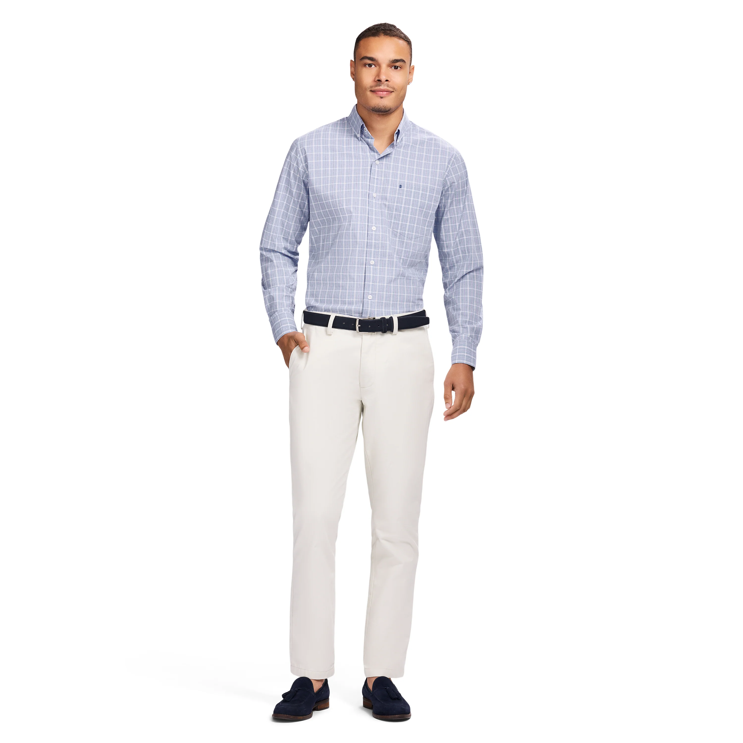 PERFORMANCE COMFORT L/S PLAID BUTTON-DOWN SHIRT - CHAMBRAY BLUE - Image 2