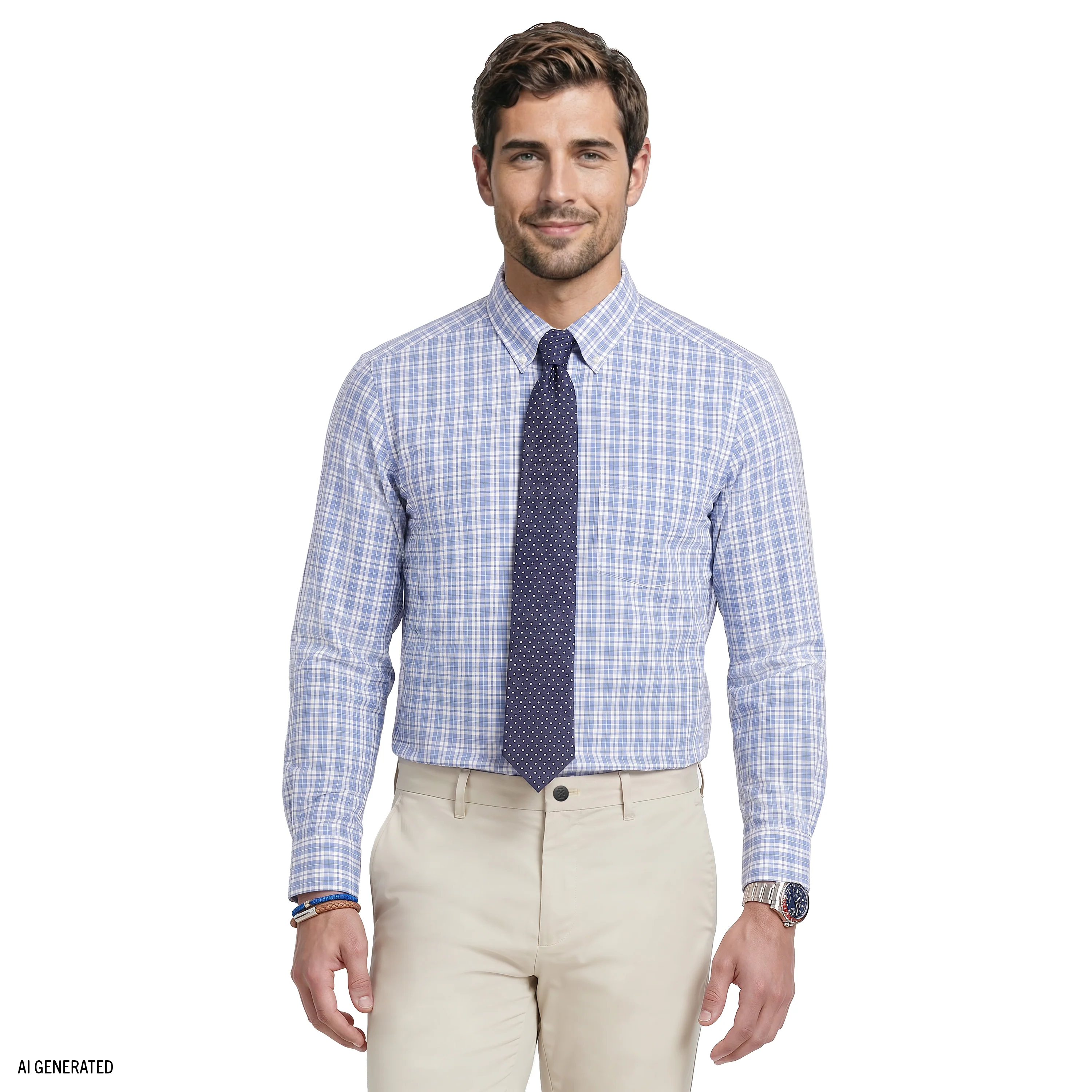 ALL-OVER STRETCH L/S PLAID BUTTON-DOWN DRESS SHIRT - CHAMBRAY BLUE - Image 2