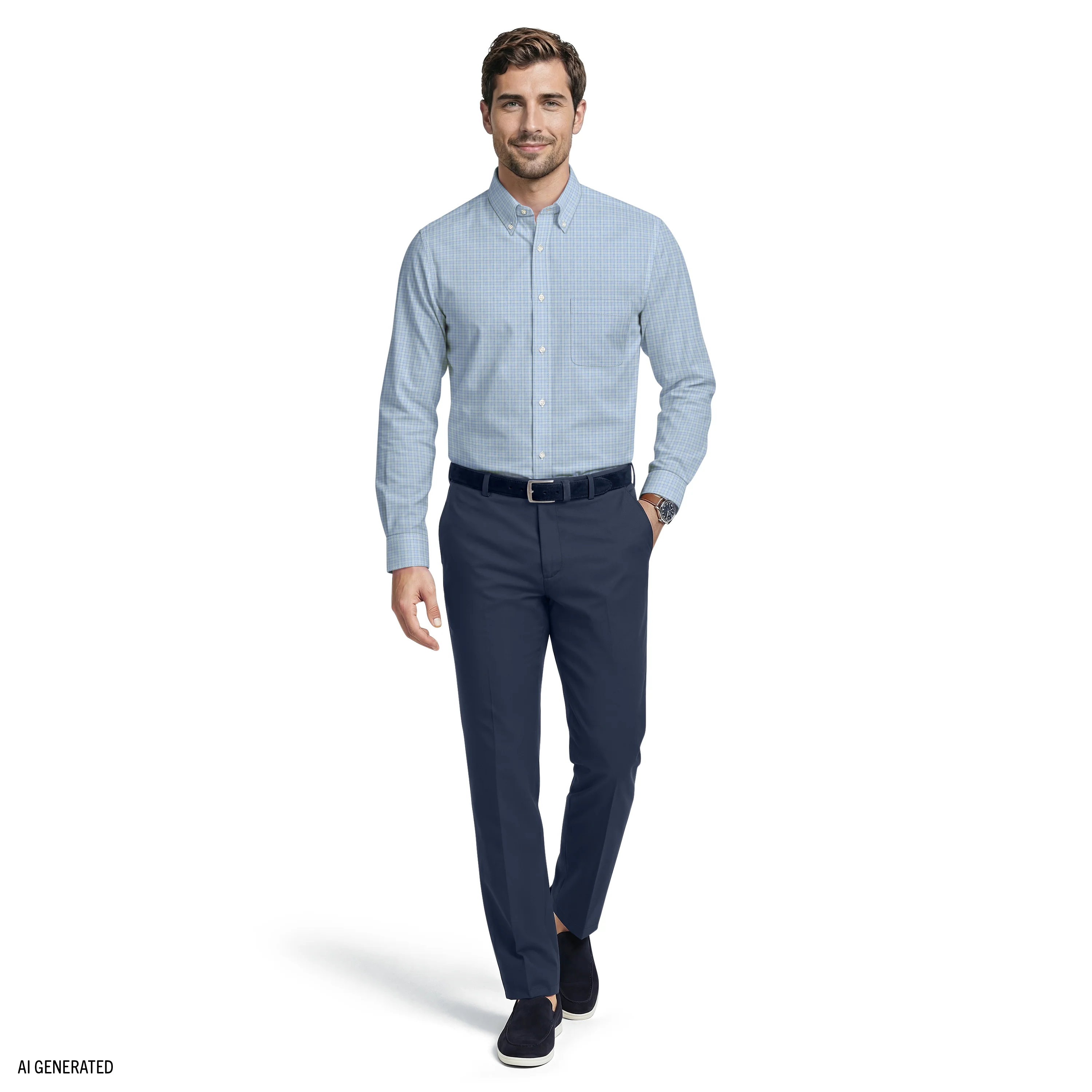 ALL-OVER STRETCH L/S PLAID BUTTON-DOWN DRESS SHIRT - MARINE BLUE - Image 3