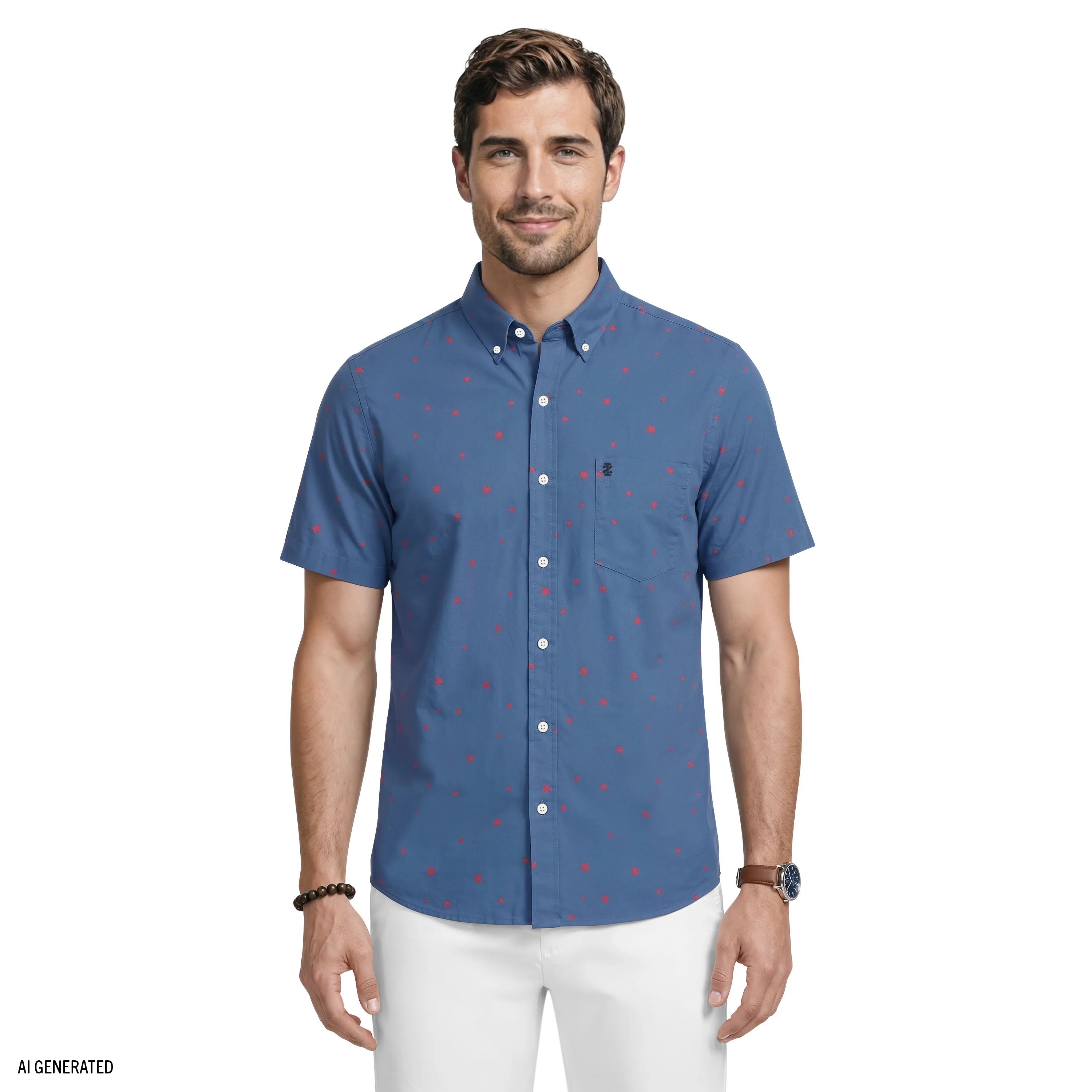BREEZE SHORT SLEEVE PRINTED BUTTON DOWN SHIRT - TRUE NAVY