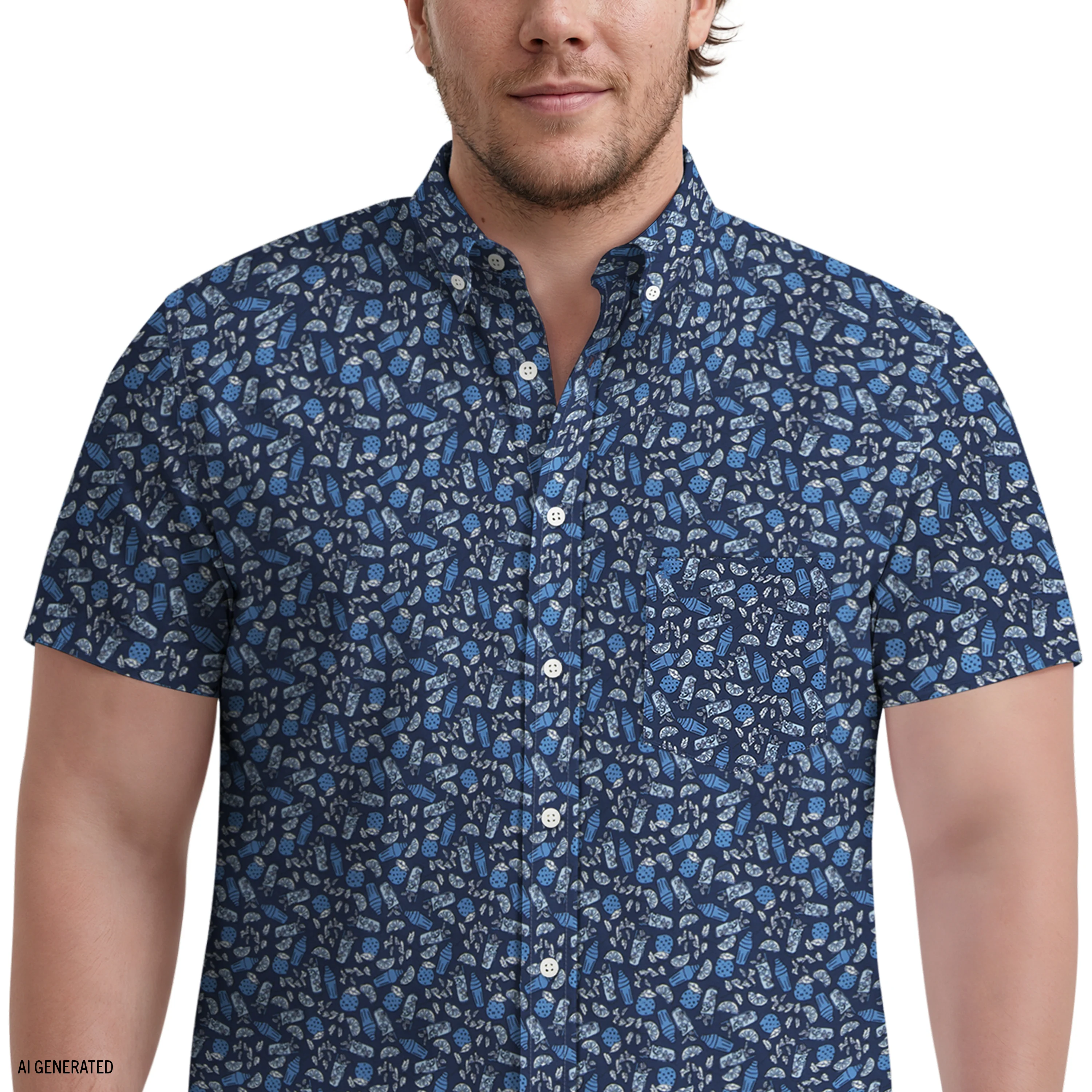 BIG & TALL BREEZE SHORT SLEEVE PRINTED BUTTON DOWN SHIRT - MEDIEVAL BLUE - Image 3