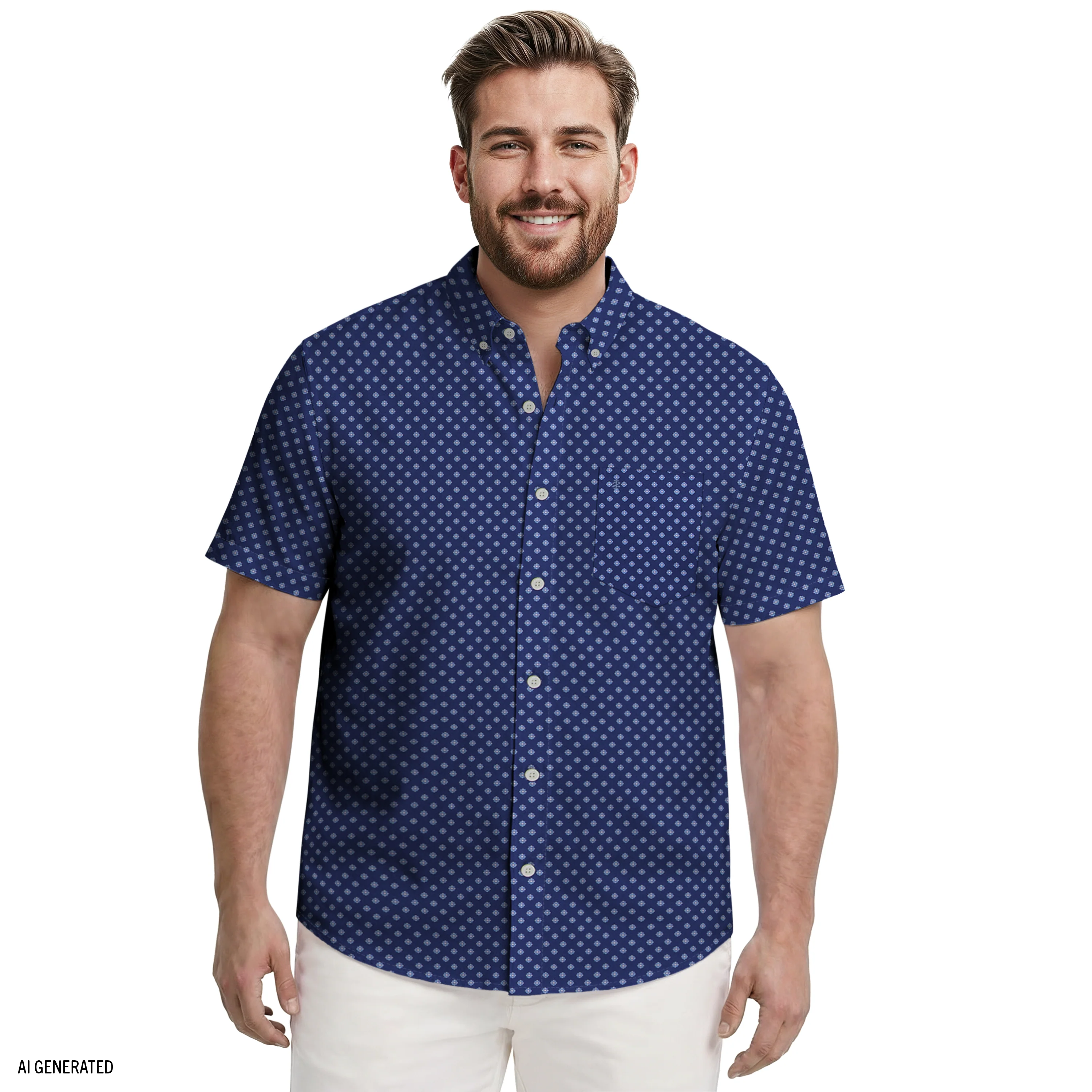 BIG & TALL BREEZE S/S PRINTED BUTTON-DOWN SHIRT - TWILIGHT BLUE