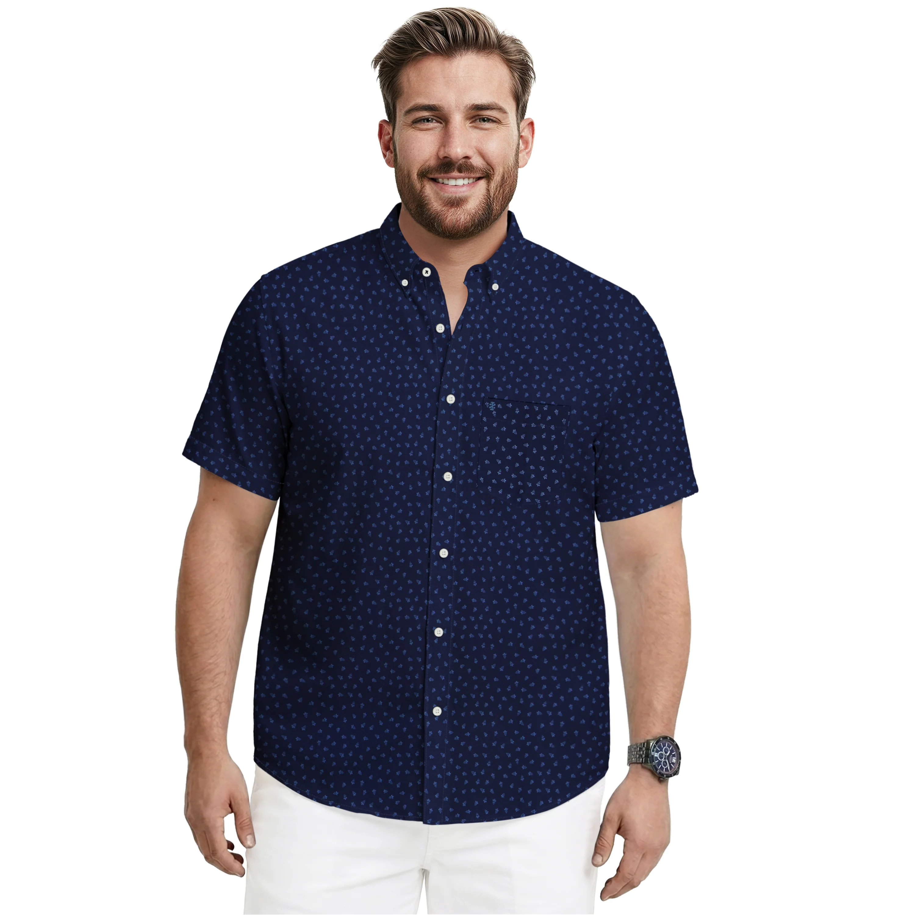 BIG & TALL BREEZE S/S PRINTED BUTTON-DOWN SHIRT - LICHEN BLUE