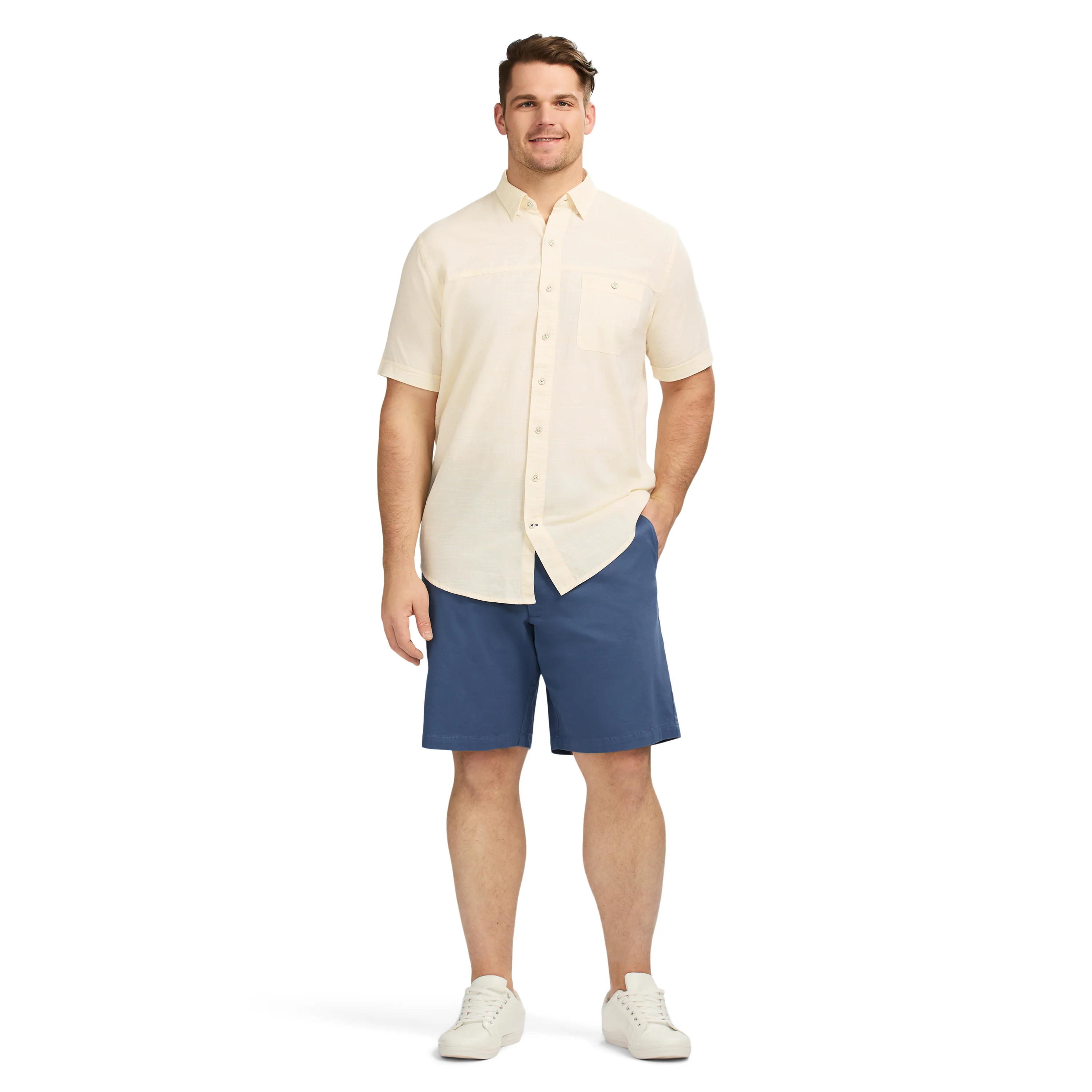 BIG & TALL DOCKSIDE CHAMBRAY S/S BUTTON-DOWN SHIRT- BANANA CREAM - Image 3
