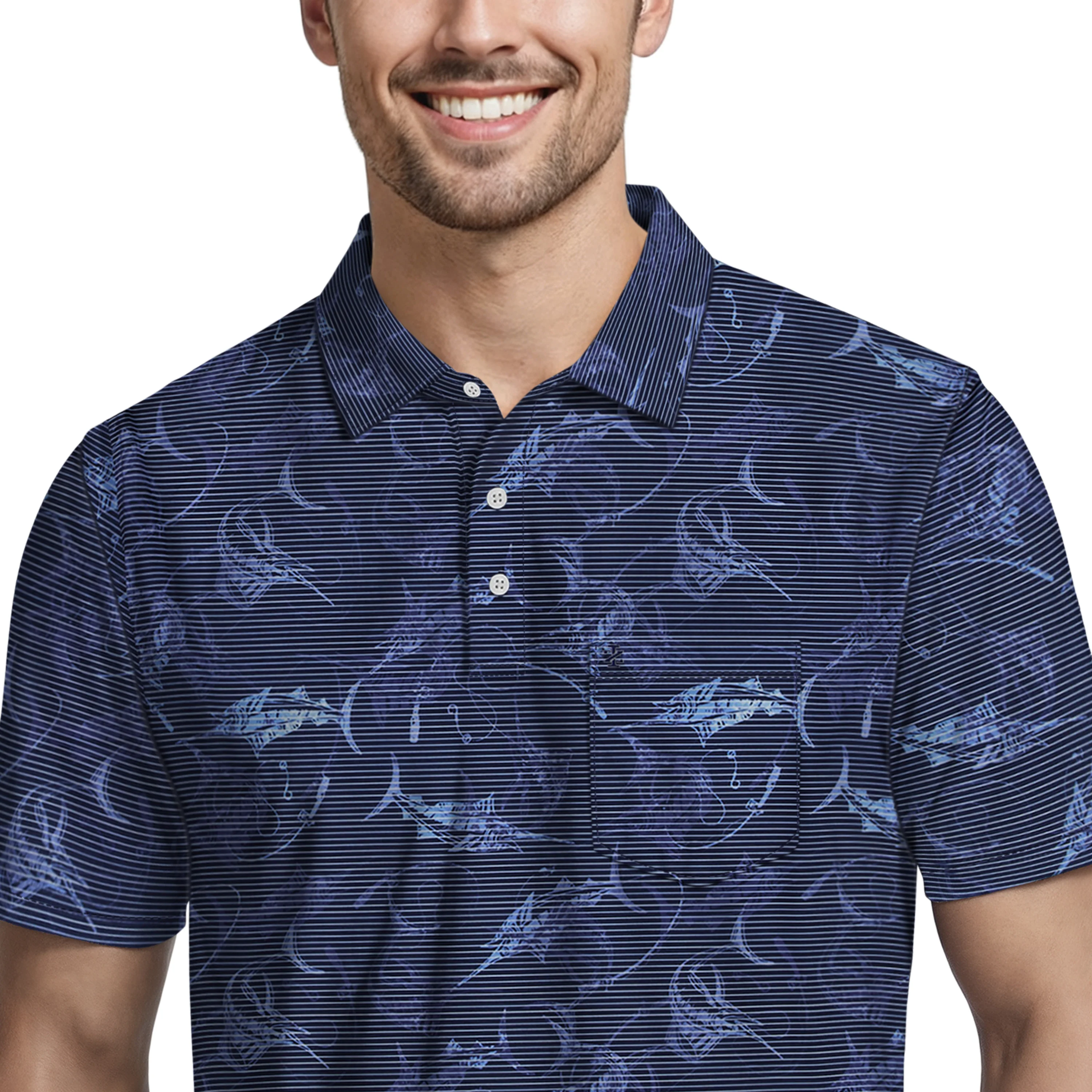 SUNSHIELD PERFORMANCE S/S PRINTED POLO - BLUE DEPTHS - Image 3